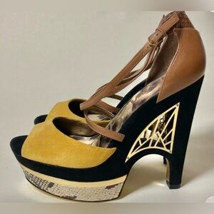 Vintage Sam Endelman ‘Tegan’ Architectural Brown/Yellow Platform Wedge Heels 6M